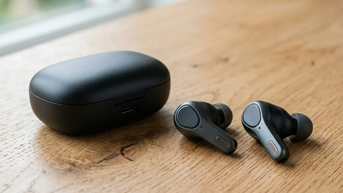 Par de fones bluetooth intra-auriculares TWS repousando ao lado do estojo de recarga