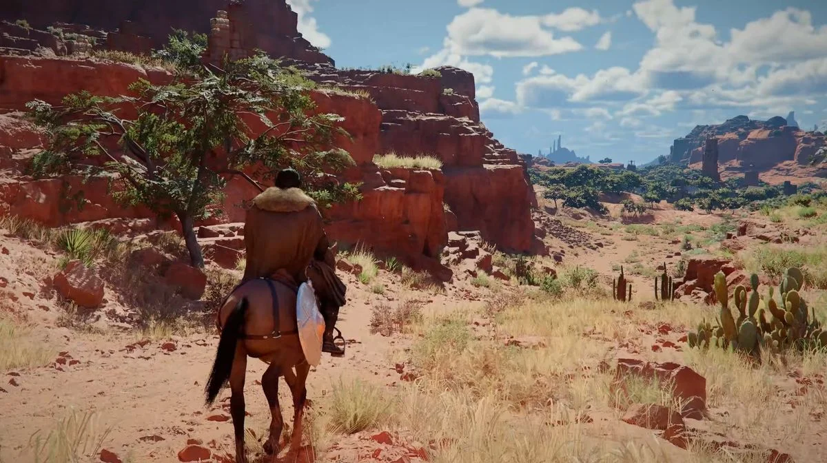 Exploração a cavalo em uma região desértica de Crimson Desert