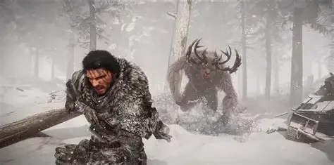 Protagonista corre na neve perseguido por uma criatura em Crimson Desert