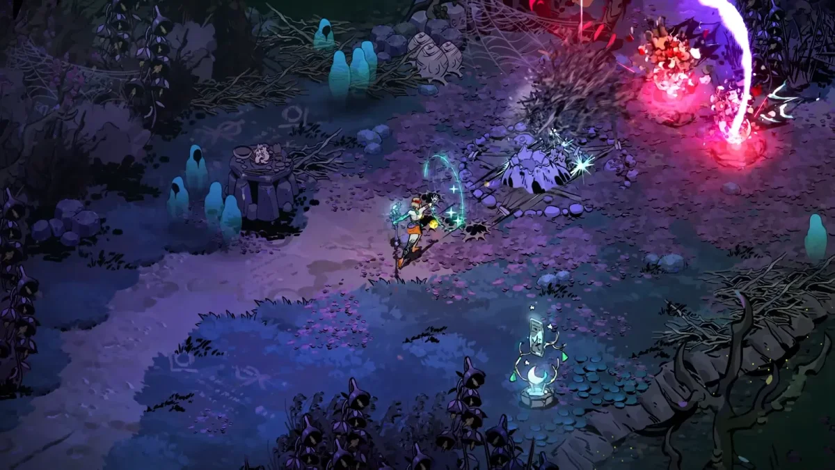 Melinoë usando magia em uma área de Erebus, em Hades II