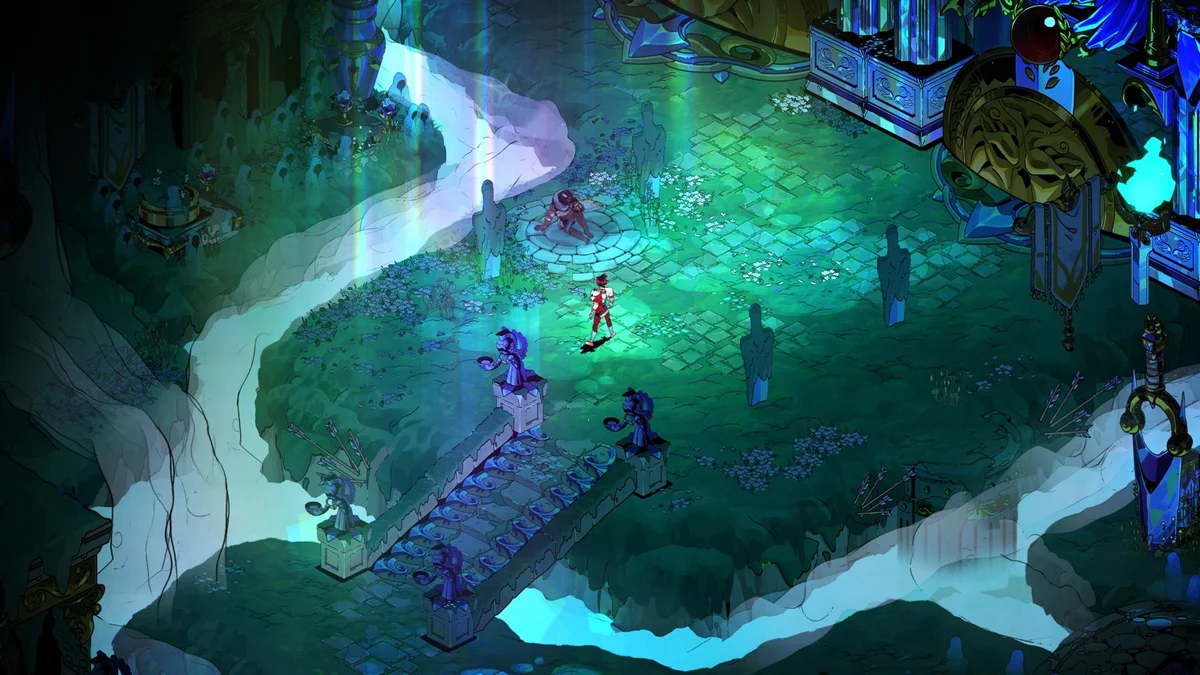 Zagreus explorando uma área iluminada de Elysium em Hades