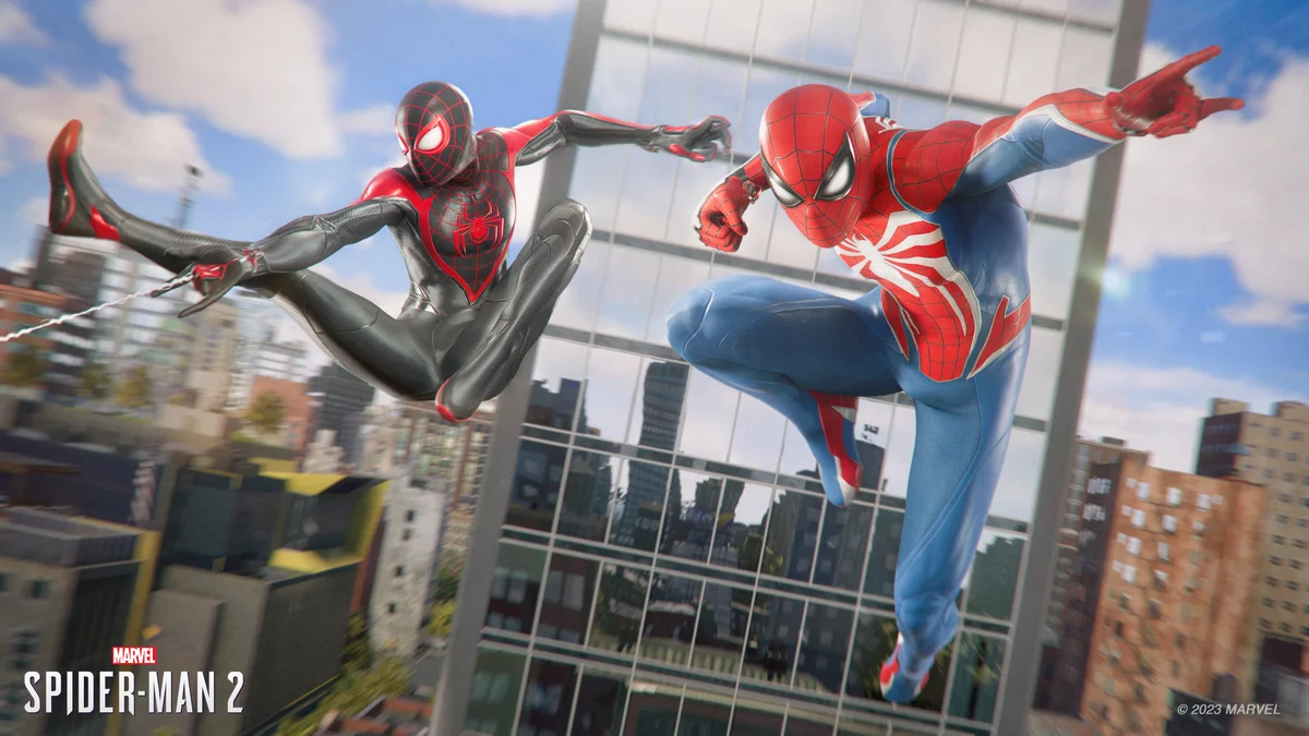 Peter Parker e Miles Morales atravessando Nova York