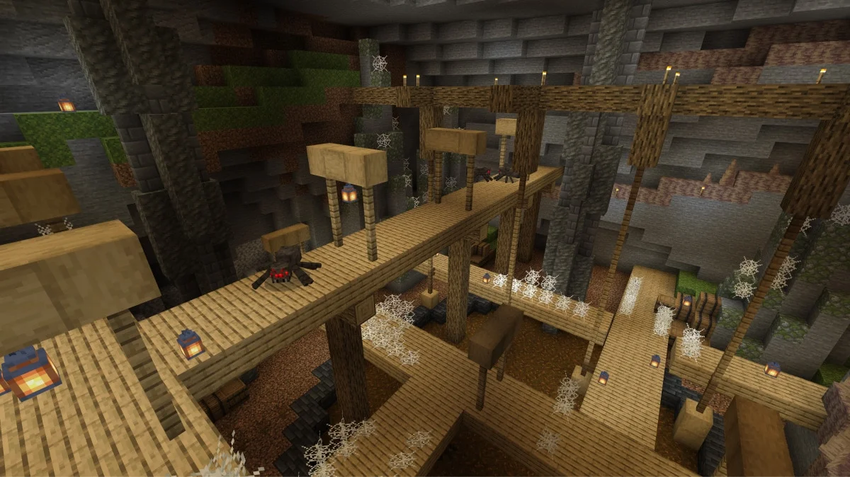 Cena oficial de gameplay de Minecraft mostrando construção em blocos