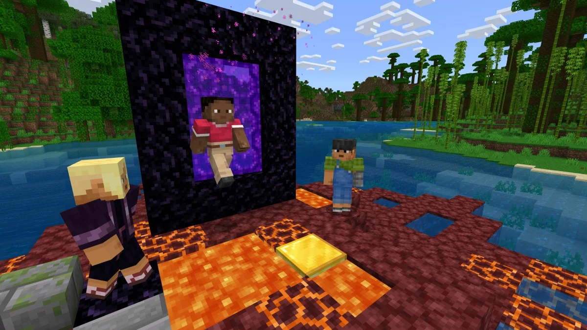 Cena oficial de gameplay de Minecraft com exploração em mundo aberto