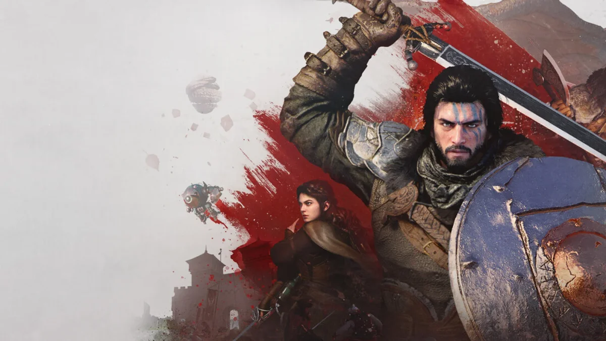 Key art oficial de Crimson Desert apresentando o protagonista Klahan em destaque com armas e armadura medieval