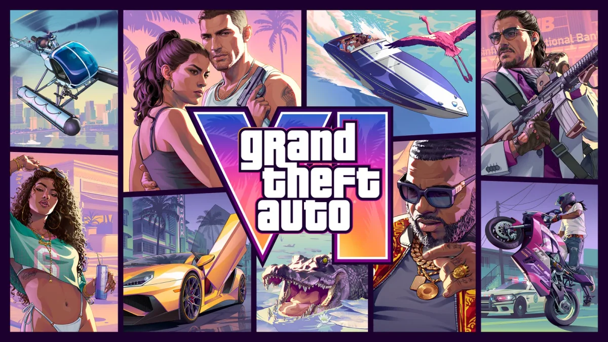 Arte oficial de Grand Theft Auto VI com personagens e veículos em Leonida
