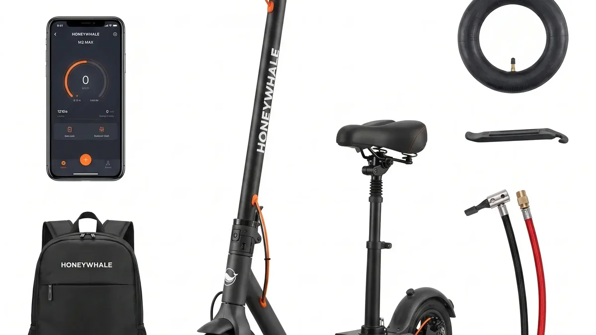 Patinete elétrico dobrável Honeywhale M2 Max com seus acessórios